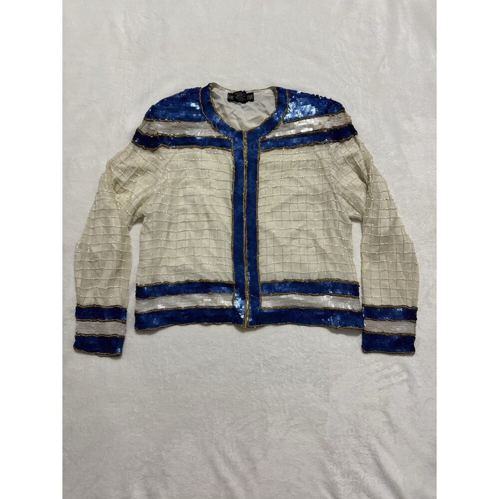 Carolyne Barton Night Blue Cream Beaded Women's Jacket Top Size Large Sequin